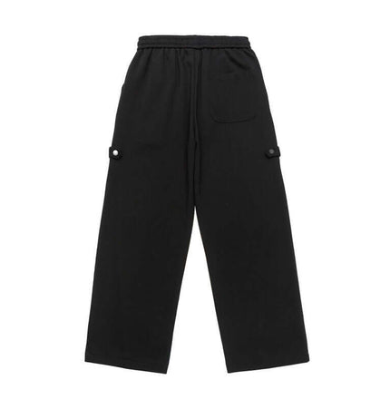 Letter Print Casual Pants – Loose Fit, black casual pants with elastic waist and pockets for a stylish streetwear look.