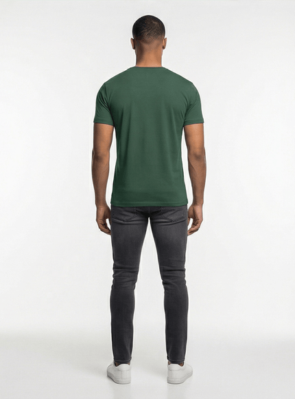 Model wearing cotton crew neck t-shirt by Grozavu