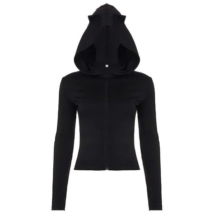 Long Sleeve Devil Hooded VNeck TShirt with zipper closure and hood in deep black color.