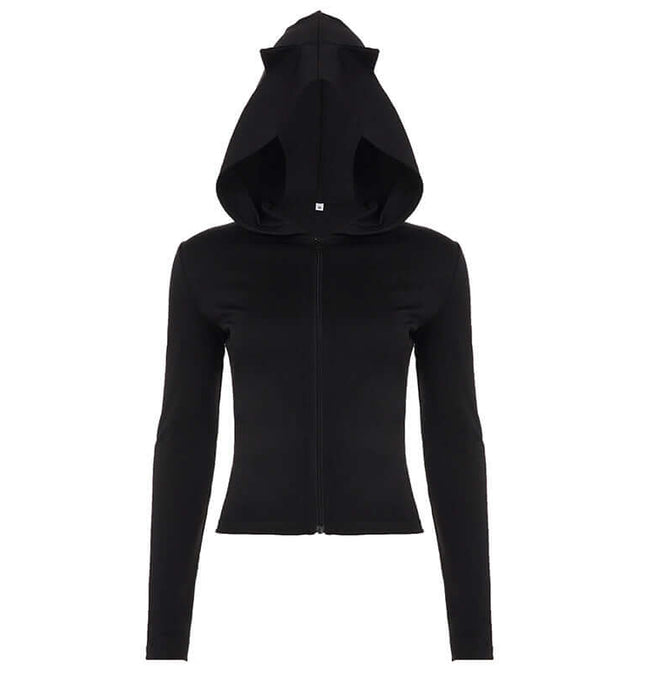 Long Sleeve Devil Hooded VNeck TShirt with zipper closure and hood in deep black color.