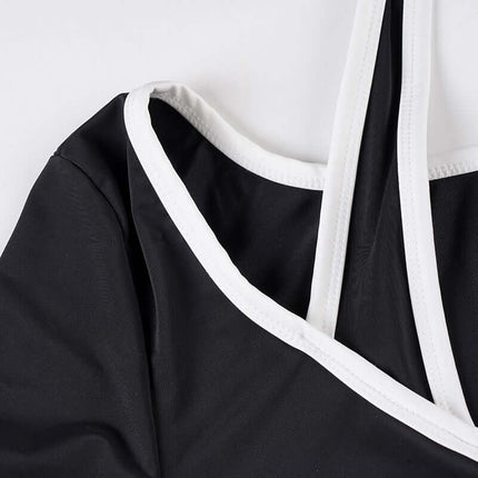 Close-up of the Long Sleeve Halter Neck Contrast Top highlighting the halter neckline and contrast trim details.