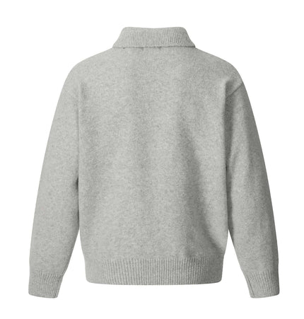 Back view of a Loose Buttoned Turn Down Collar Sweater in light grey, showcasing its stylish collar and loose fit.