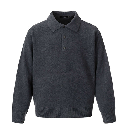 Loose Buttoned Turn Down Collar Sweater in dark gray with a stylish turn-down collar and button details.