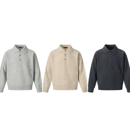 Loose Buttoned Turn Down Collar Sweater in gray, beige, and dark gray colors displayed together.