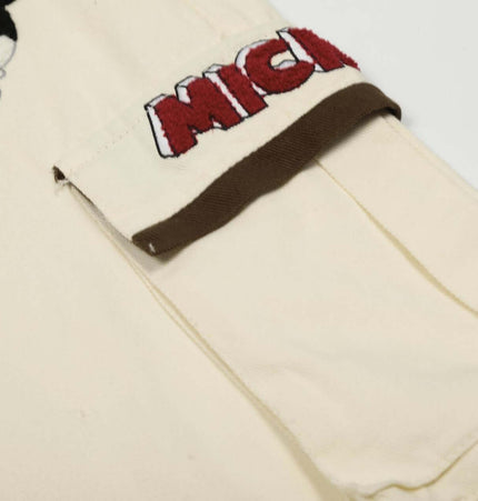 Loose Fit Cartoon Patchwork Pants featuring Mickey Mouse cartoon embroidery and stylish patchwork detail.