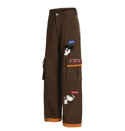 Loose Fit Cartoon Patchwork Pants featuring playful cartoon embroidery and stylish patchwork detailing.