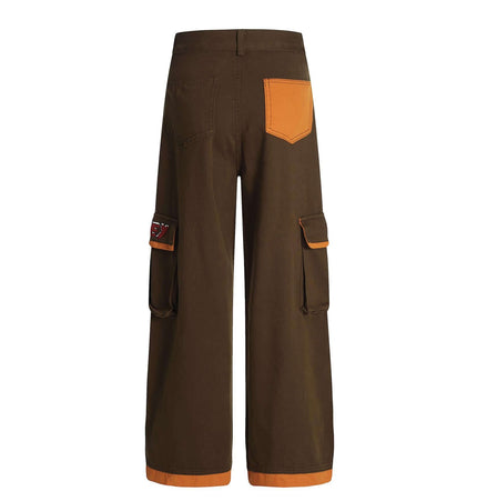 Loose Fit Cartoon Patchwork Pants showing back view with cargo pockets and patchwork details in brown fabric.