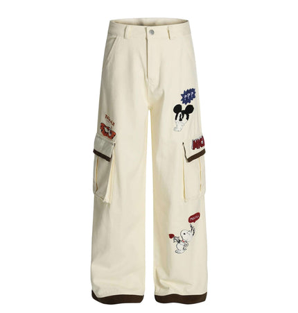Loose Fit Cartoon Patchwork Pants with playful cartoon embroidery and stylish patchwork details.