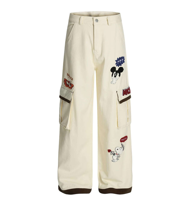 Loose Fit Cartoon Patchwork Pants with playful cartoon embroidery and stylish patchwork details.