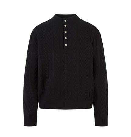 Loose Fit Knit Crewneck Sweater in black with button details and cable knit pattern for modern streetwear style.