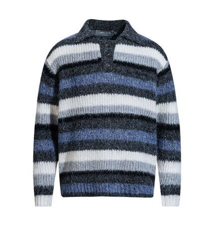 Loose Fit Stripe Polo Neck Sweater featuring stripes in blue, black, and white with a polo neck and relaxed fit.
