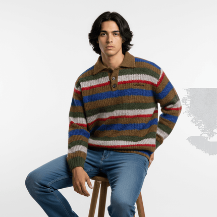 Loose Fit Stripe Polo Neck Sweater featuring retro jacquard stripes and a relaxed fit.