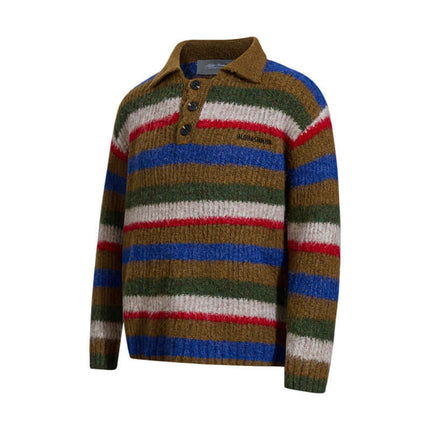 Loose Fit Stripe Polo Neck Sweater in brown, blue, green, and red stripes with flip collar and long sleeves.