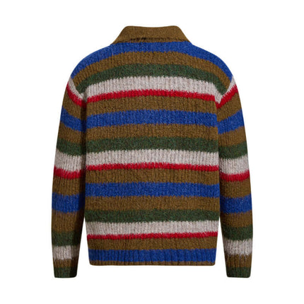 Loose Fit Stripe Polo Neck Sweater in multicolor stripes with a stylish polo neck and relaxed fit.