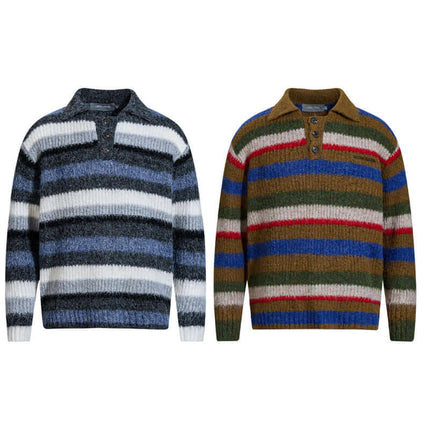 Loose Fit Stripe Polo Neck Sweater displayed in two color variations with retro embroidery and striped designs.