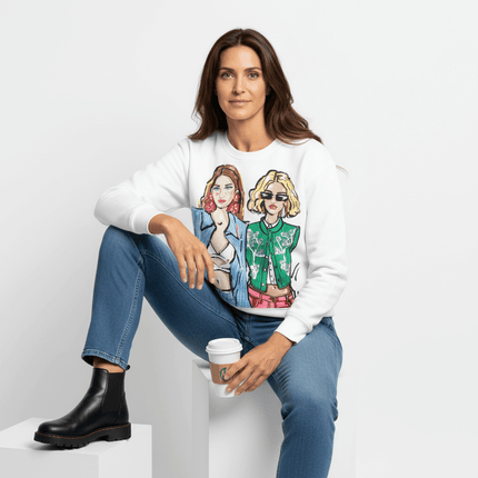Loose Girl Print Crewneck Sweater worn by a woman, featuring stylish printed girl design and casual style.