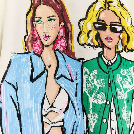 Loose Girl Print Crewneck Sweater featuring stylish girl illustration with colorful attire and trendy accessories.