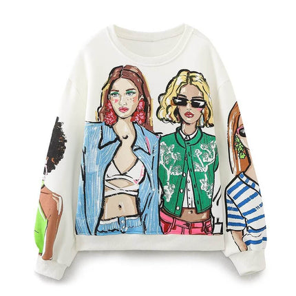 Loose Girl Print Crewneck Sweater featuring stylish printed girl design on a comfy sweatshirt.