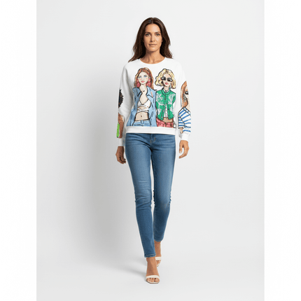 Loose Girl Print Crewneck Sweater on model, featuring trendy girl print and casual style for women's fashion.