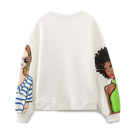 Loose Girl Print Crewneck Sweater featuring stylish girl illustrations on the sleeves.