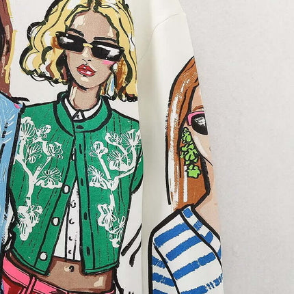 Loose Girl Print Crewneck Sweater featuring stylish printed girl pattern illustration on soft fabric.