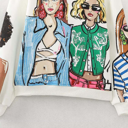 Loose Girl Print Crewneck Sweater featuring stylish printed girl pattern on a cozy sweatshirt.