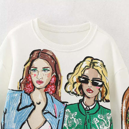 Loose Girl Print Crewneck Sweater featuring trendy girl illustrations and a stylish crewneck design.