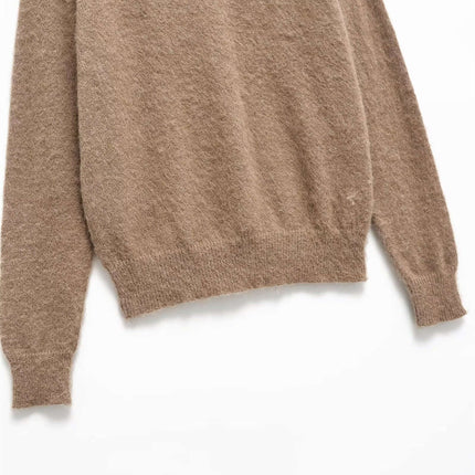Loose Knit VNeck Top in soft camel color, featuring long sleeves and a relaxed fit for ultimate comfort.
