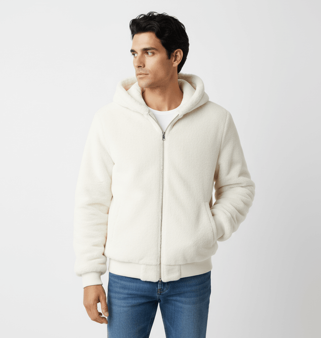 Faux Fur Hooded Winter Coat shown on a model wearing a beige hooded coat with zip, perfect for casual winter outfits.