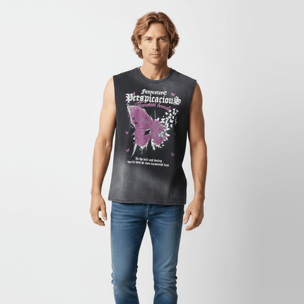 Butterfly Print Tank Top - Loose Fit worn by man with butterfly graphics and relaxed fit.