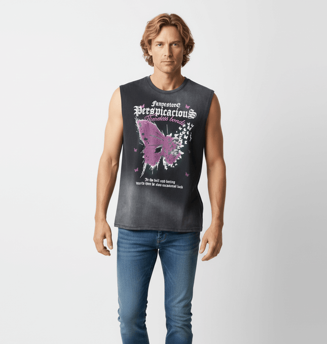 Butterfly Print Tank Top - Loose Fit worn by man with butterfly graphics and relaxed fit.