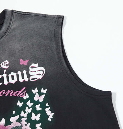 Butterfly Print Tank Top - Loose Fit featuring a vibrant butterfly graphic on a sleeveless black background.