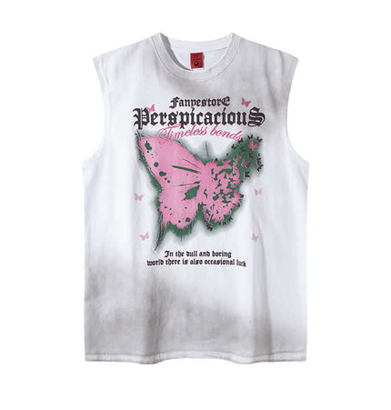 Butterfly Print Tank Top - Loose Fit featuring bold vintage butterfly design on a sleeveless white vest.