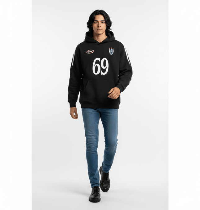 Oversized Hooded Sweatshirt – Loose Fit worn by a model, featuring a black design with number 69 and casual style.