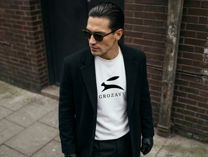 Male model wearing a black slim-fit merino wool sweater with the Grozavu logo on the chest.