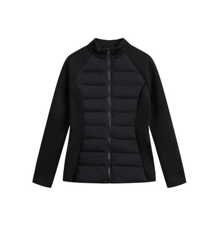 Stand Collar Short Down Jacket in black with a minimalist design and slim fit for stylish winter wear.
