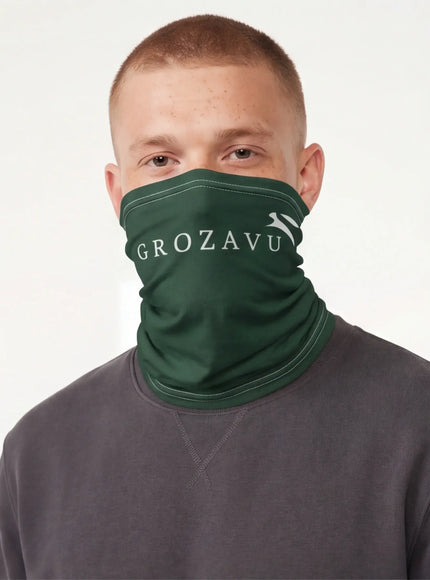 Model wearing neck gaiter by Grozavu