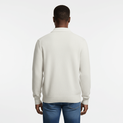 Notch Lapel Knit Sweater - Loose Fit, back view of a man wearing a light-colored sweater with a flip collar.
