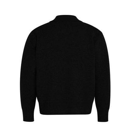 Back view of the Notch Lapel Knit Sweater - Loose Fit in black color, showcasing its smooth texture and clean design.