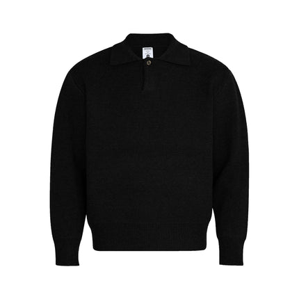 Notch Lapel Knit Sweater - Loose Fit in black with a flip collar and relaxed design for everyday style.