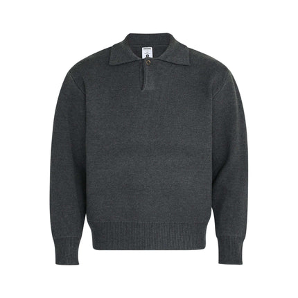 Notch Lapel Knit Sweater - Loose Fit in dark grey color with a flip collar and relaxed fit design.