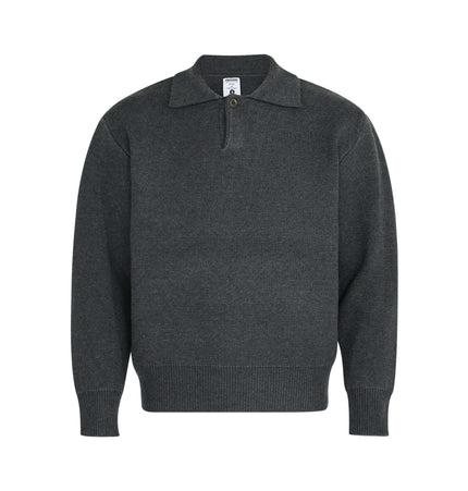 Notch Lapel Knit Sweater - Loose Fit in dark grey color with a flip collar and relaxed fit design.