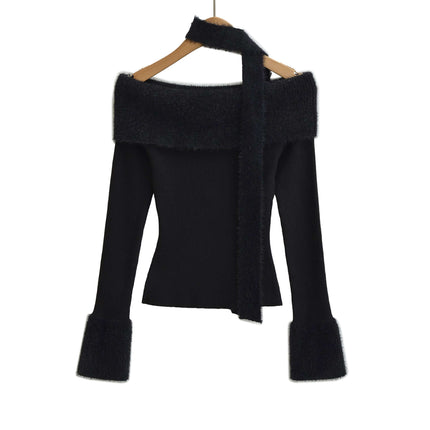 One Shoulder Long Sleeve Office Casual Top featuring a chic off-shoulder design and elegant black color.