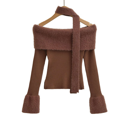 One Shoulder Long Sleeve Office Casual Top in stylish brown with off-the-shoulder design and fuzzy sleeves.