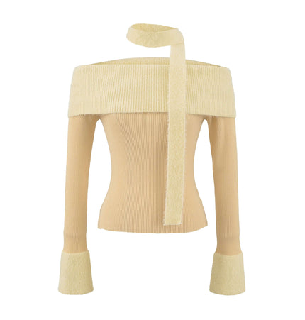 One Shoulder Long Sleeve Office Casual Top in soft beige with off-shoulder design and stylish ribbon detail.