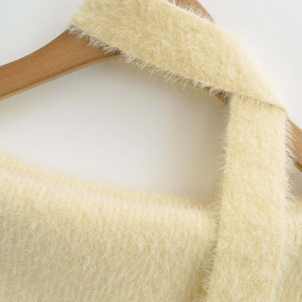 One Shoulder Long Sleeve Office Casual Top close-up detail of soft yellow fabric and shoulder strap.