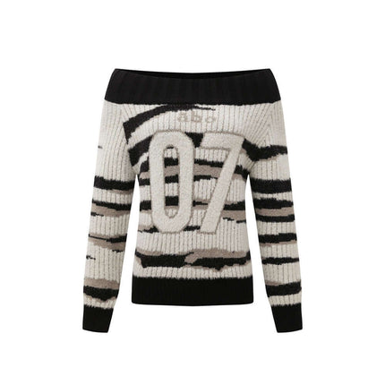 One-Shoulder Striped Knit Sweater – Slim Fit featuring bold stripes and off-shoulder design in soft acrylic.
