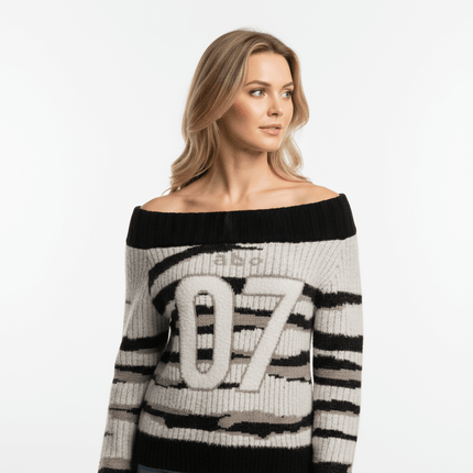 One-Shoulder Striped Knit Sweater – Slim Fit featuring bold stripes and a stylish boat neckline.