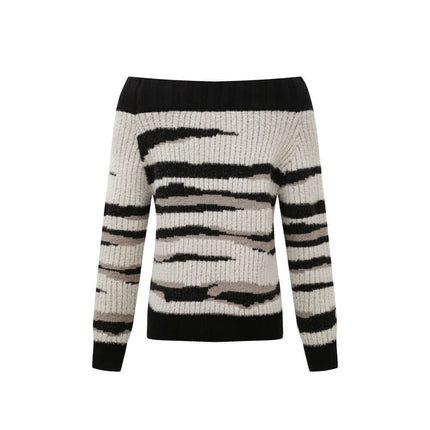 One-Shoulder Striped Knit Sweater – Slim Fit in black and cream striped design, featuring an off-shoulder style.