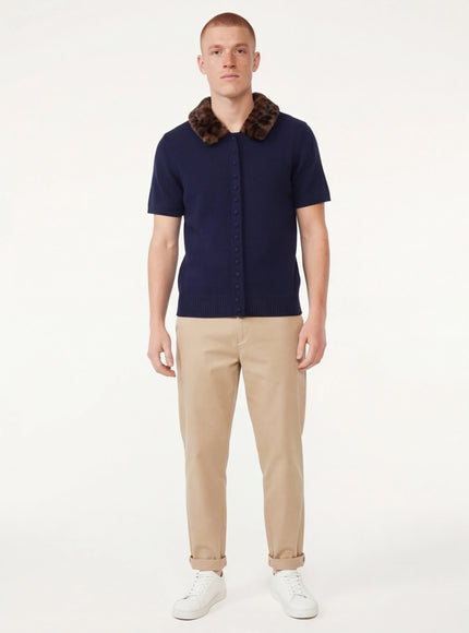 Model wearing Navy Blue animal print collar knitted jacket by Grozavu